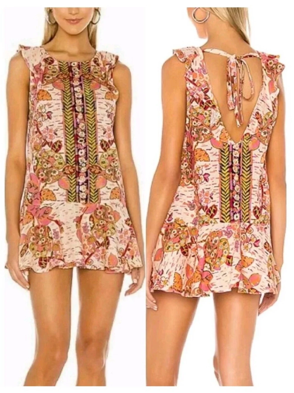Free People Pink Floral Summer In Tulum Ruffle Mini Dress Linen Tie Back Size S